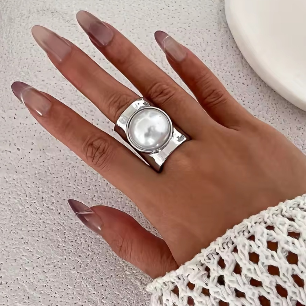 Silver Irregular Sculptural Adjustable Ring with White Pearl